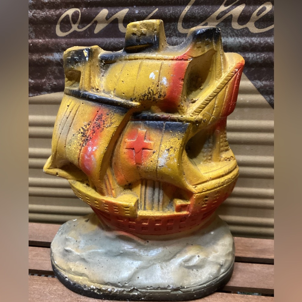 Vintage Yellow & Orange Chaulkware Pirate Ship Bookend Home Decor